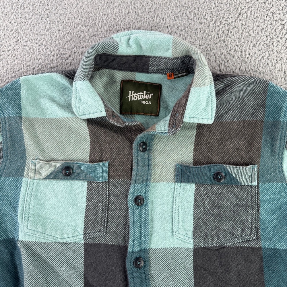 Howler Bros Flannel Shirt Mens Medium Blue Teal Grey Plaid Cotton‎ Button Down